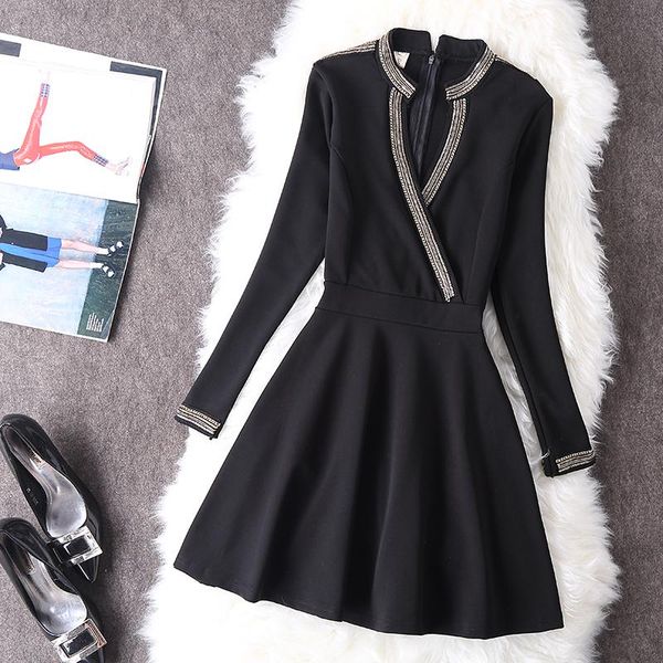 

women long sleeve black mini dress autumn deep v neck bandage high street lady vintage fashion elegant club party a-line casual dresses, Black;gray