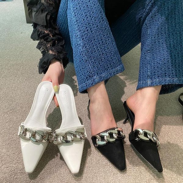 

pointed toe women slippers metal chain design black/white fashion casual thin high heels elegant shallow slip on