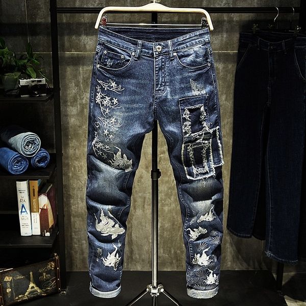 

men's jeans fashions embroidered straight jeans ripped hole pencil jean pants casual male streetwear punk style denim sdj5, Blue