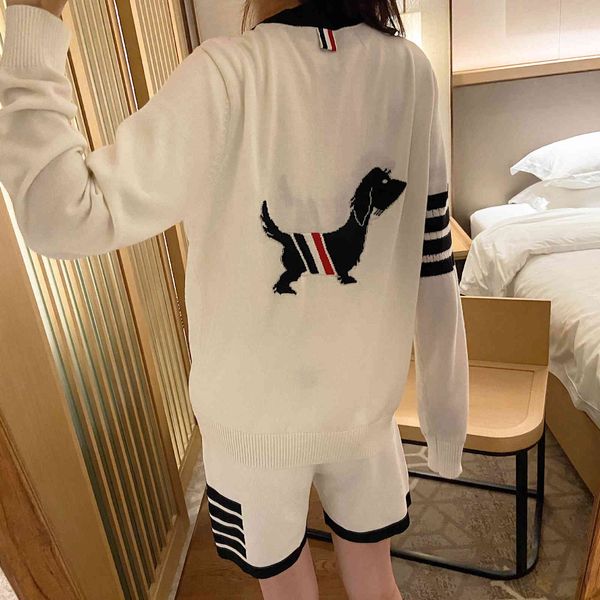 

tb chao brand new long sleeve spring and autumn women's korean version back dog jacquard knitted cardigan v-neck college style, White;black