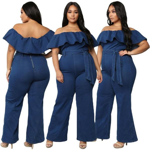 

women's jumpsuits & rompers fashion blue women denim off shoulder wide leg casual jumpsuit ruffle romper playsuit plus size summer long, Black;white