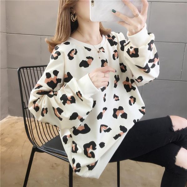 

women's hoodies & sweatshirts 2021 spring autumn printed coat all-match blouse loose jacket trendy ladies hedging leopard print casual, Black