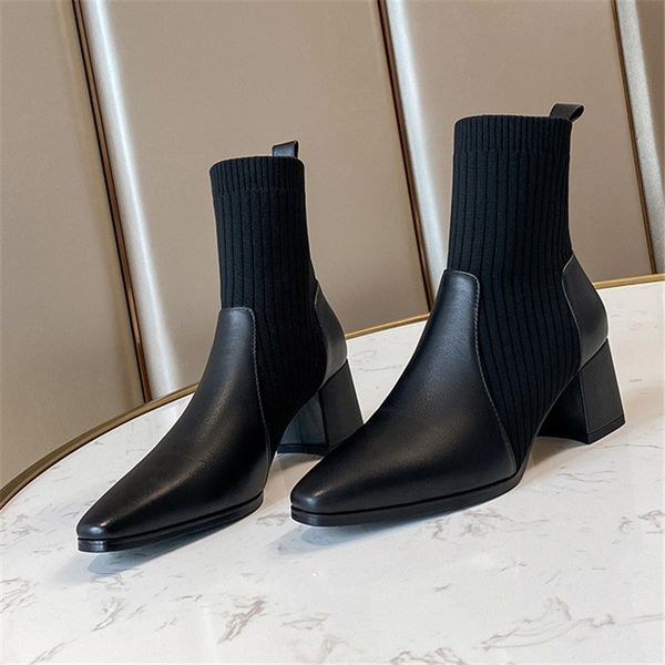 

asumer autumn winter genuine women's leather knitting stretch shoes pointed to toe fashion boots, Black