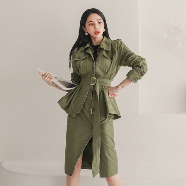 

autumn winter green pocket long sleeve sashes slim casual jacket + hight waist single breasted split midi skirt 2 piece sets 210514, White