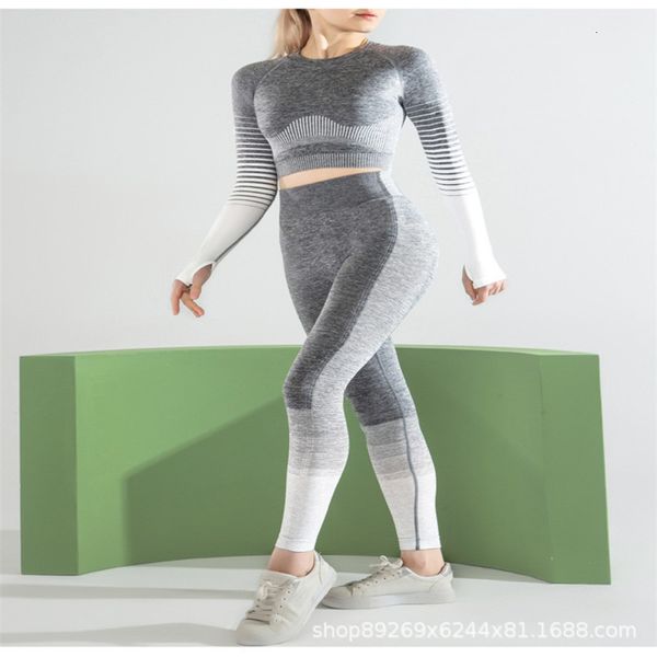 

yoga women's suit tracksuits stretch striped hip high waist sports tights seamless leggings, Gray