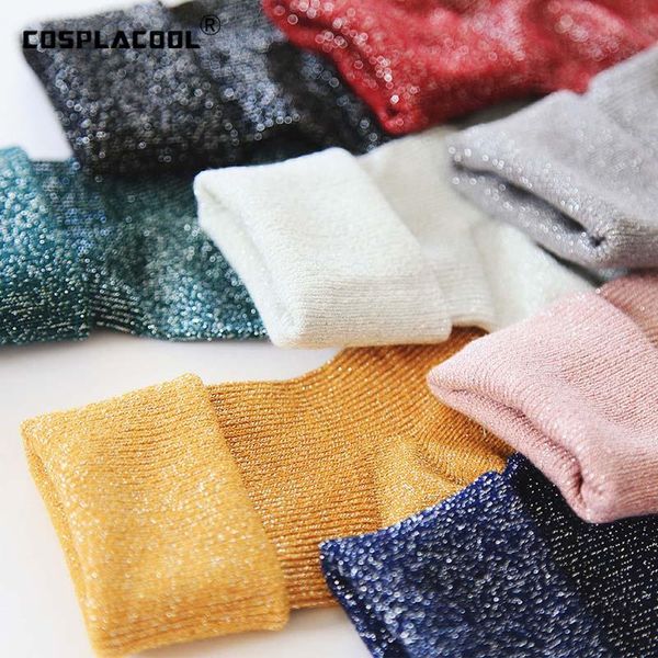 

[cosplacool]winter cotton solid shiny women simple socks art fold female student thick warm gold silver silk & hosiery, Black;white