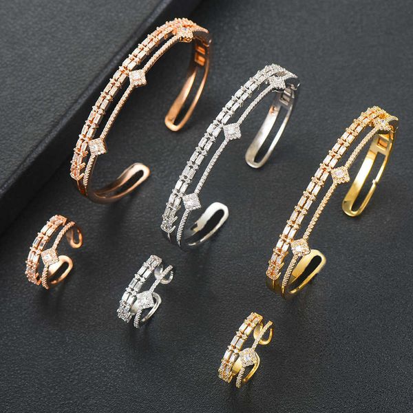 

trendy luxury stackable cuff bangles for women wedding full aaa cubic zircon crystal cz dubai bridal bracelets party jewelry q0720, Black