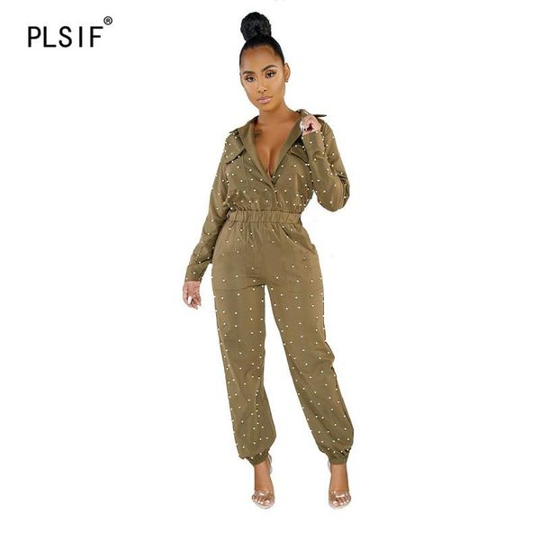 

women's jumpsuits & rompers arrival 2021 pearl spliced fashion lady turn-down collar high waist full length casual, Black;white