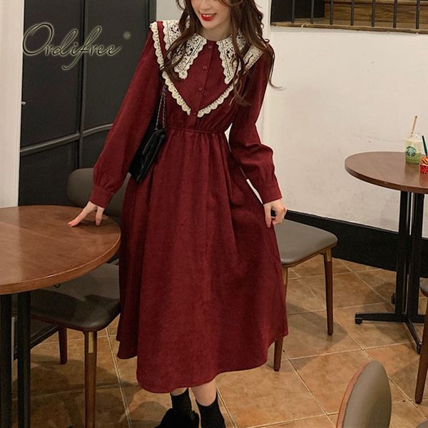 

spring autumn tunic women vintage long sleeve single breasted white lace crochet burgundy party midi dress 210415, Black;gray