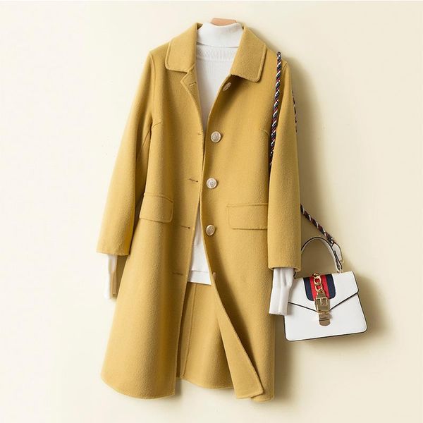

women's wool & blends double faced cashmere overcoat mid long 2021 korean autumn and winter high-end, Black