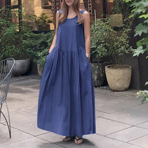 

zanzea stylish denim blue women dress summer sundress casual sleeveless tank vestidos female pleated robe oversized, Black;gray