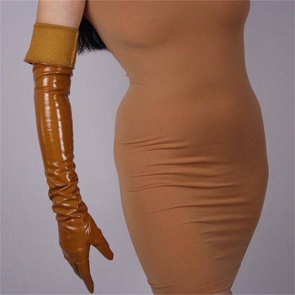 

five fingers gloves 70cm extra long patent leather opera emulation sheepskin pu bright caramel cream camel brown pu20-70, Blue;gray