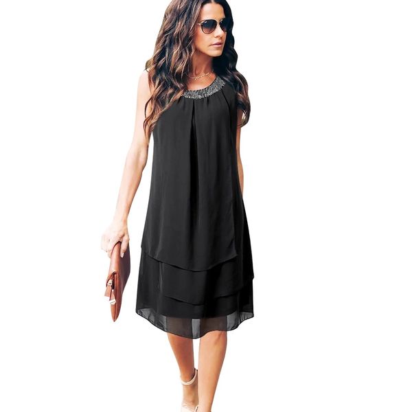 

2021black sequin chiffon summer dress women elegant sleeveless robe ruffles ruched party dresses casual plus size vestidos 2021 boho, Black;gray