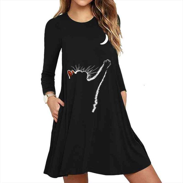 

women night cat moon print dress long sleeve pockets loose casual dress streetwear female plus size women clothing 6xl, Black;gray