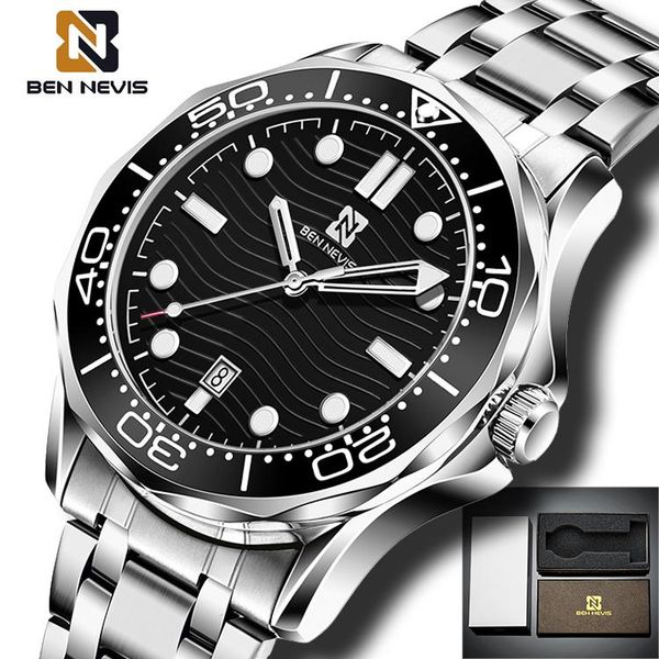 

wristwatches 2021bennevis brand business waterproof luminous men watch rotatable bezel stainless steel sport watches automatic date, Slivery;brown