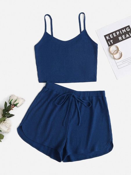 

solid rib-knit cami and knotted shorts set p3ym#, White