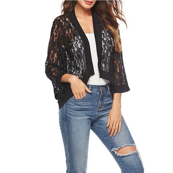 

women's knits & tees cardigan sueters de mujer casual lace crochet three quarter sleeve sheer cover up jacket blusa frio feminina, White