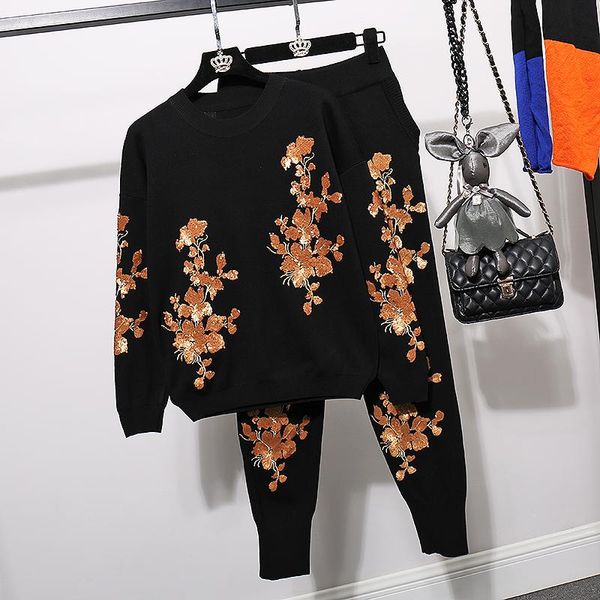 

women's tracksuits 2021spring flower embroidery knit sweaters set female casual 2pcs pullover harem pants two pieces autumn, Gray