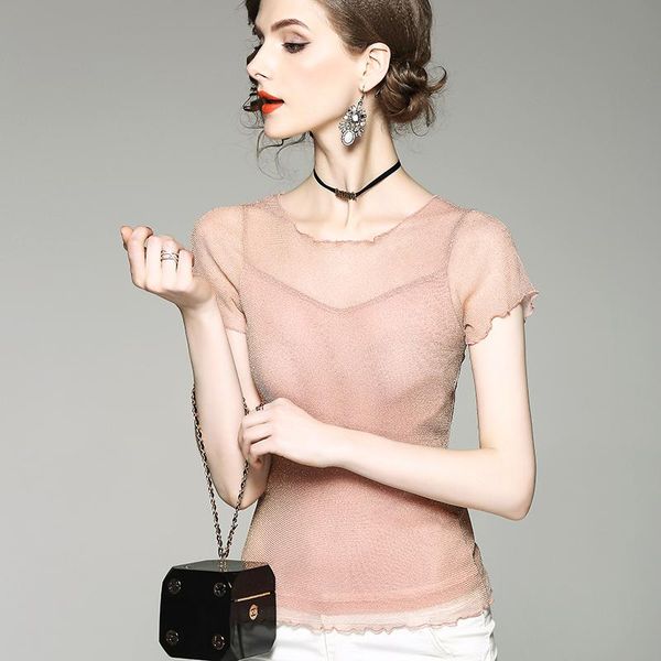 

women's t-shirt classic short sleeve fashion bright silk elastic multi color slim bottomed shirt little fash, White