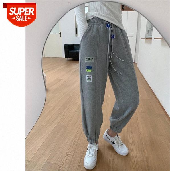 

hong kong style high waist was thin gray casual sweater pants plus velvet thickened warm loose feet sports tide #it65, Black;gray