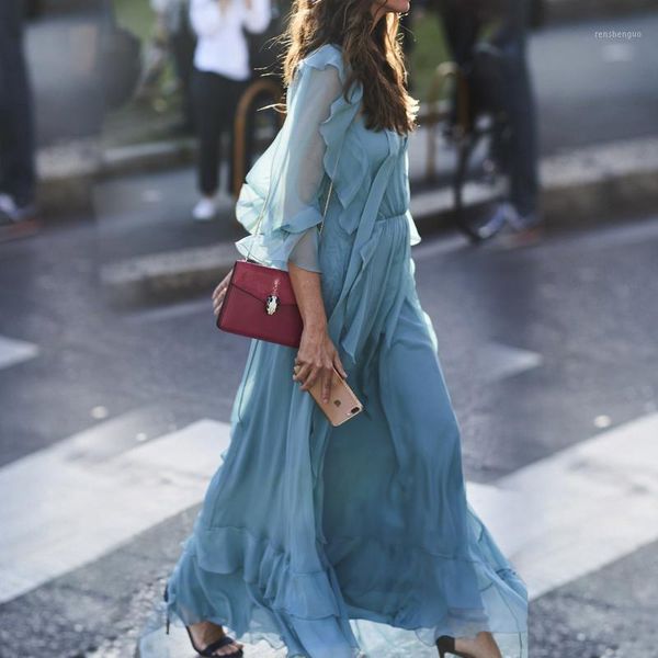 

casual dresses summer vintage blue ruffles long for women 2021 vacation bohemian v-neck pleated maxi dress chiffon vestidos mujer, Black;gray