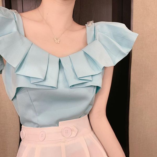 

women's blouses & shirts summer ruffle womens blouse flying sleeve white cotton casual female frill shirt 2021 fashion beading blue