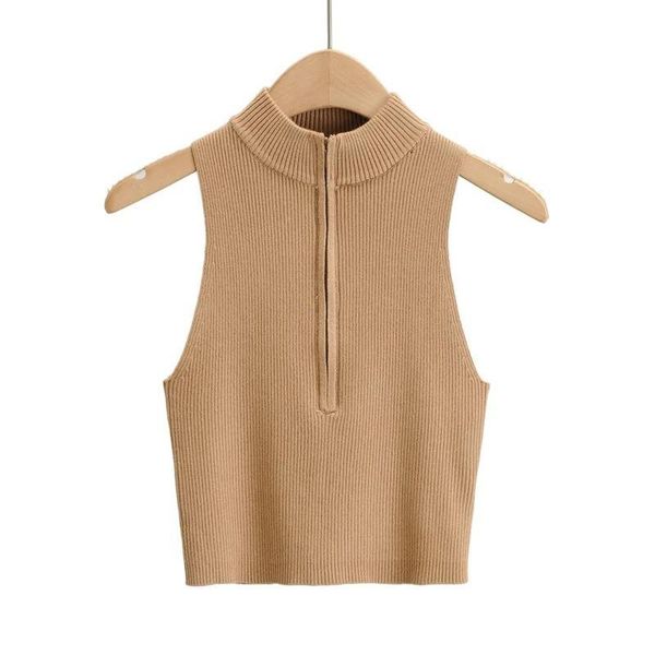 

women solid zipper crop knit tank sleeveless backless female women's tanks & camis, White