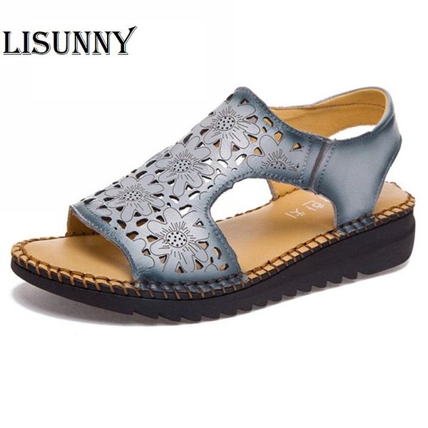 

women sandals shoes 2021 summer handmade genuine leather cut-outs flats retro mother sandal, Black