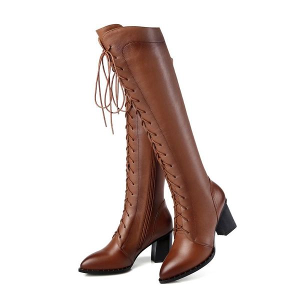 

boots women knee high genuine leather autumn winter warm heels shoes woman pointed toe cross-tied quality big size, Black