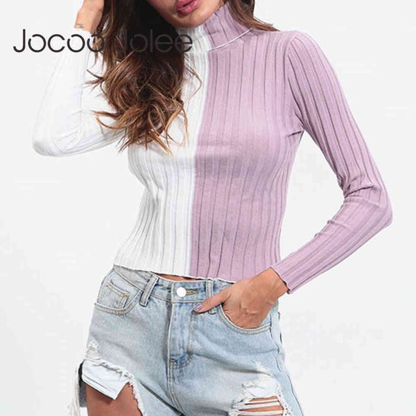 

women fashion long sleeve turtleneck patchwork sweater casual slim panelled color pullover cropped skinny 210428, White;black