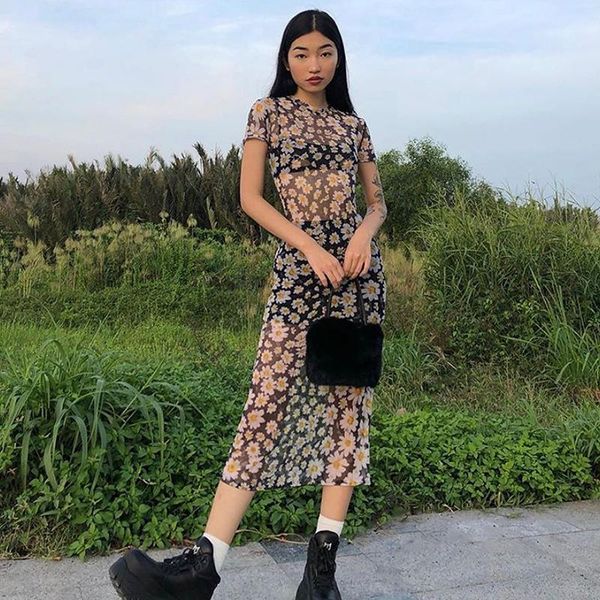 

casual dresses sunflower dress mesh transparent maxi y2k aesthetic short sleeve skinny bodycon 90s vintage long summer clothes, Black;gray