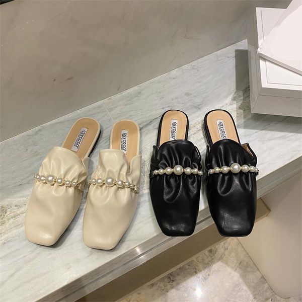 

slippers female shoes ladies' low string bead luxury slides cover toe 2021 soft designer square flat rome basic rubber hoof heel, Black