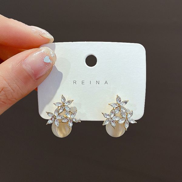 

925 silver needle minimalist summer cat's eye stone earrings temperament net red flowers versatile earrings
