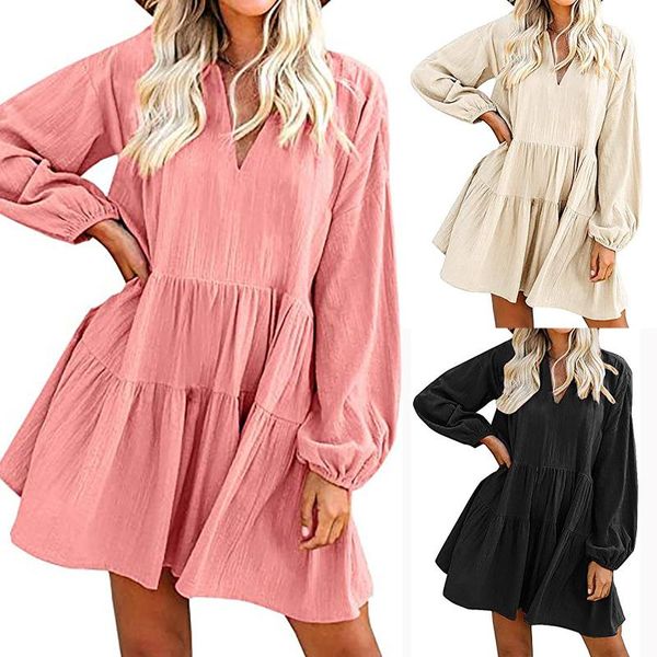 

casual dresses summer women's dress 2021 v-neck solid long sleeve loose flowy swing vacation mini vestidos de mujer, Black;gray