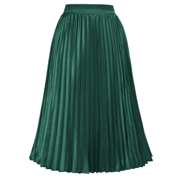 

skirts kate kasin women vintage glossy pleated skirt high waist elastic a-line flare satin swing casual clothes lady, Black