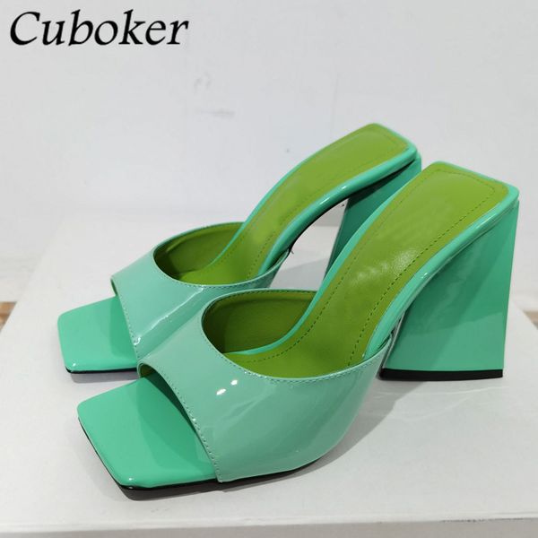 

official website 70% off outlet supper brand designer slides summer patent leather high heel square toe sandalias mujer women slippers sale, Black
