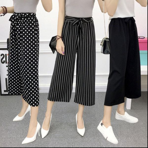 

fashion wide leg long womens capris casual summer flare high waist elastic striped loose culotte trousers cropped pants, Black;white