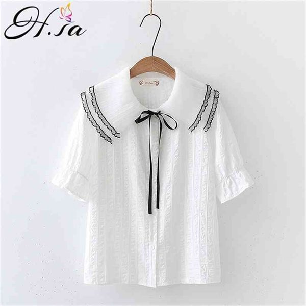 

hsa summer blouse for women short sleeve peter pan collar bow neck cute kawaii whiter blusa and shirt 210430, White