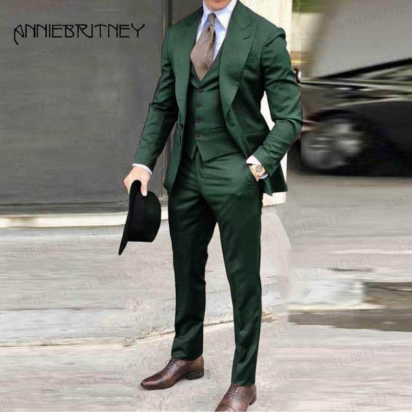 Escuro Verde Terno Homens 3 Peças Conjunto de Prom Casamento Suits para Homens Smoking Slim Fit Bridegroom Casamento Traje Personalizado Casaco Colete Calças X0909