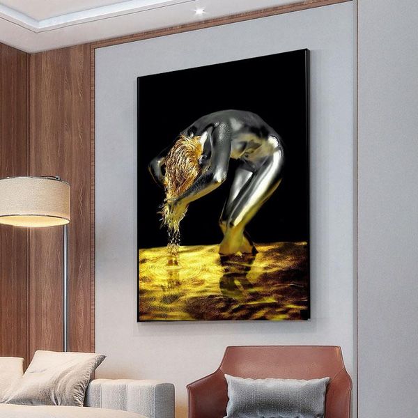 

paintings mutu golden liquid black nude woman canvas painting wash hair posters and prints scandinavian wall pictures for living room