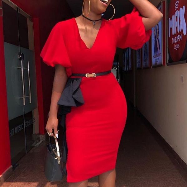 

casual dresses red party dress women 2021 african fashion v-neck high waist belted knee length office ladies bodycon plus size 3xl, Black;gray