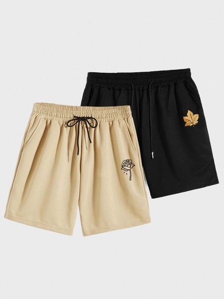 

men 2pcs drawstring waist leaf & rose print shorts g2ft#, Black