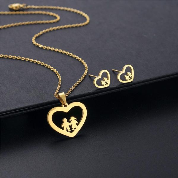 

pendant necklaces small stainless steel family love heart boy girl baby child chain necklace set women mother wedding gift jewelry, Silver