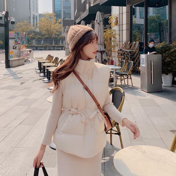 

women's vests autumn winter women solid loose vest drawstring stand collar long jacket cotton padded female windproof warm waistcoat, Black;white
