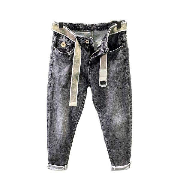 

men's jeans waist belt light gray trousers 2021 spring summer micro-harem korean embroidery mens denim regular fit pant, Blue