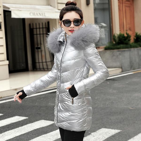 

women's trench coats parkas fur collar down jacket mid-length silver winter warm coat for women bright color hooded, Tan;black