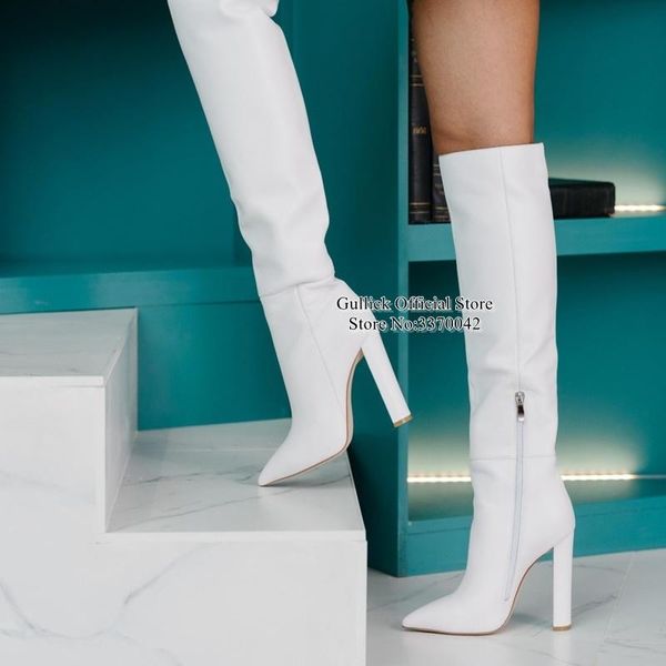 

boots white matte leather chunky heel knee high pointed toe zipper tall thick heels women long, Black