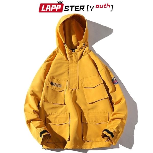 

japanese streetwear hooded bomber jackets men pockets harajuku windbreaker coats korean cargo 4xl 210420, Black;brown