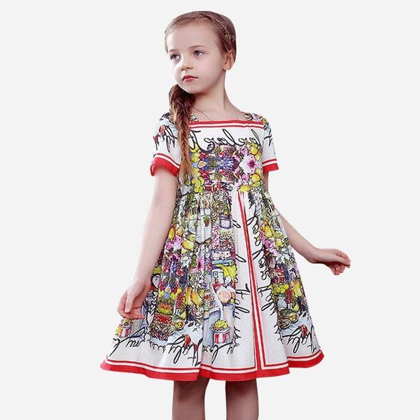 

girls' summer dress 2020 new children's short sleeve cotton flower castle princess dress, White