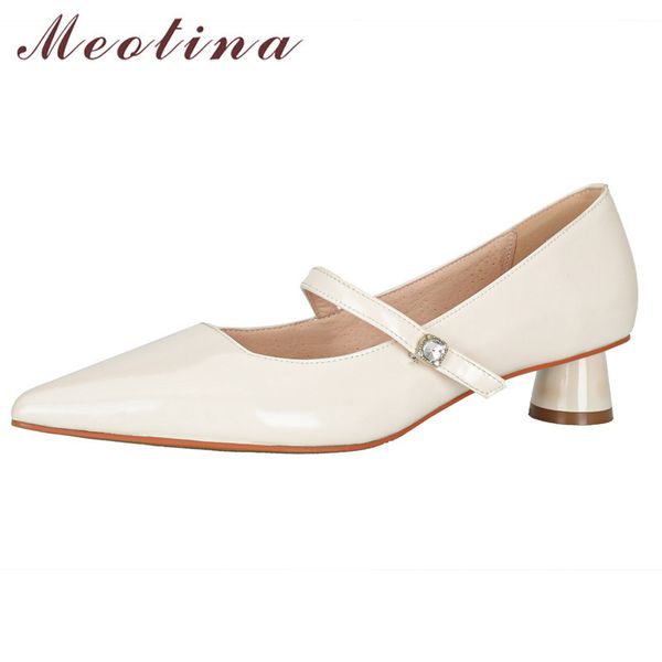 

meotina women mary janes shoes genuine leather mid heel pumps crystal buckle pointed toe shoes block heels dress footwear 42 43 210520, Black